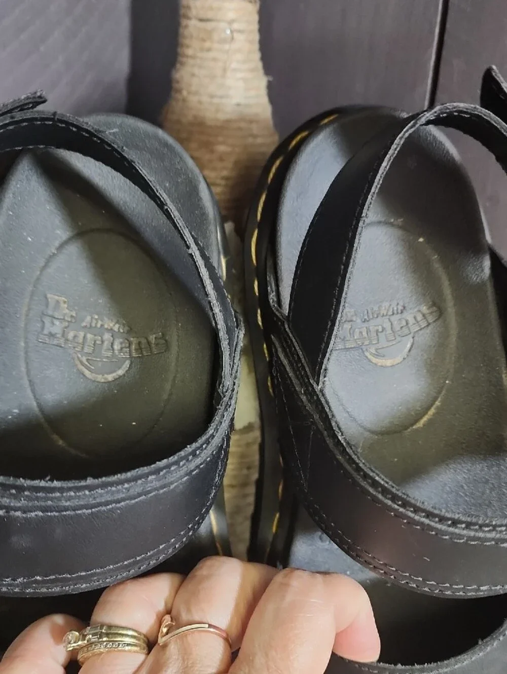 Dr. Martens Black Platform Sandals with Yellow Stitching